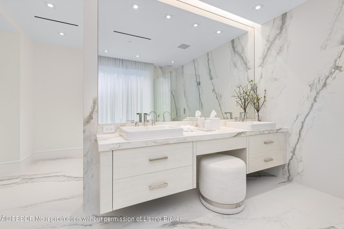Bathroom, Dual Sink Vanities, Interior, Marble, Marble Walls, Recessed Lighting