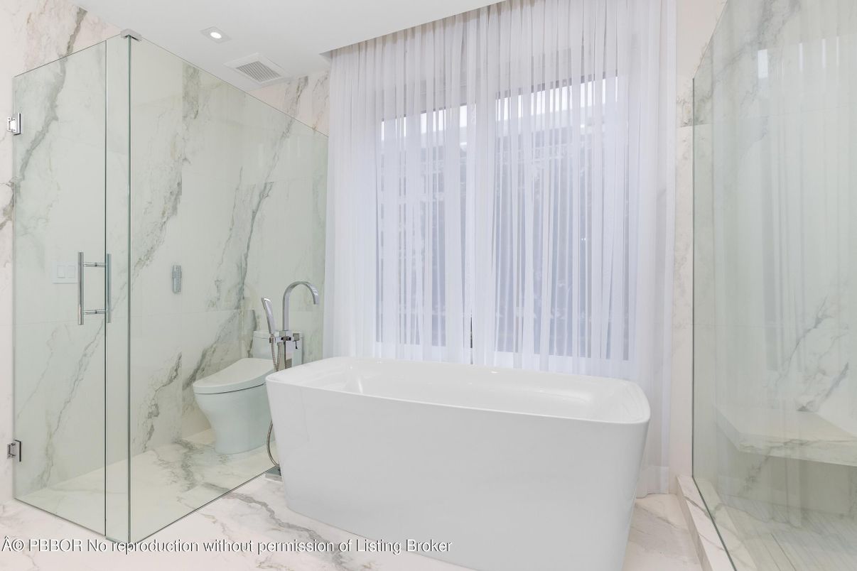 Bathroom, Free Standing Baths, Glass Shower, Interior, Marble, Marble Walls, Recessed Lighting