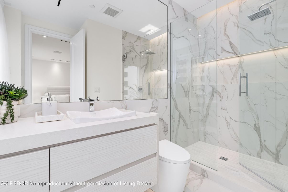 Bathroom, Glass Shower, Interior, Marble, Marble Walls, Recessed Lighting
