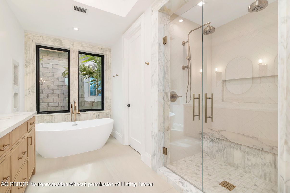 Bathroom, Free Standing Baths, Glass Shower, Interior, Marble Walls, Recessed Lighting