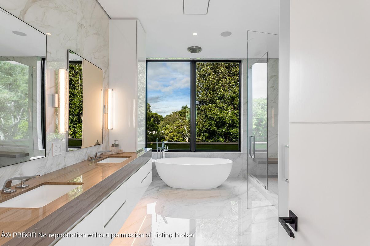 Bathroom, Dual Sink Vanities, Free Standing Baths, Interior, Marble, Marble Walls, Recessed Lighting
