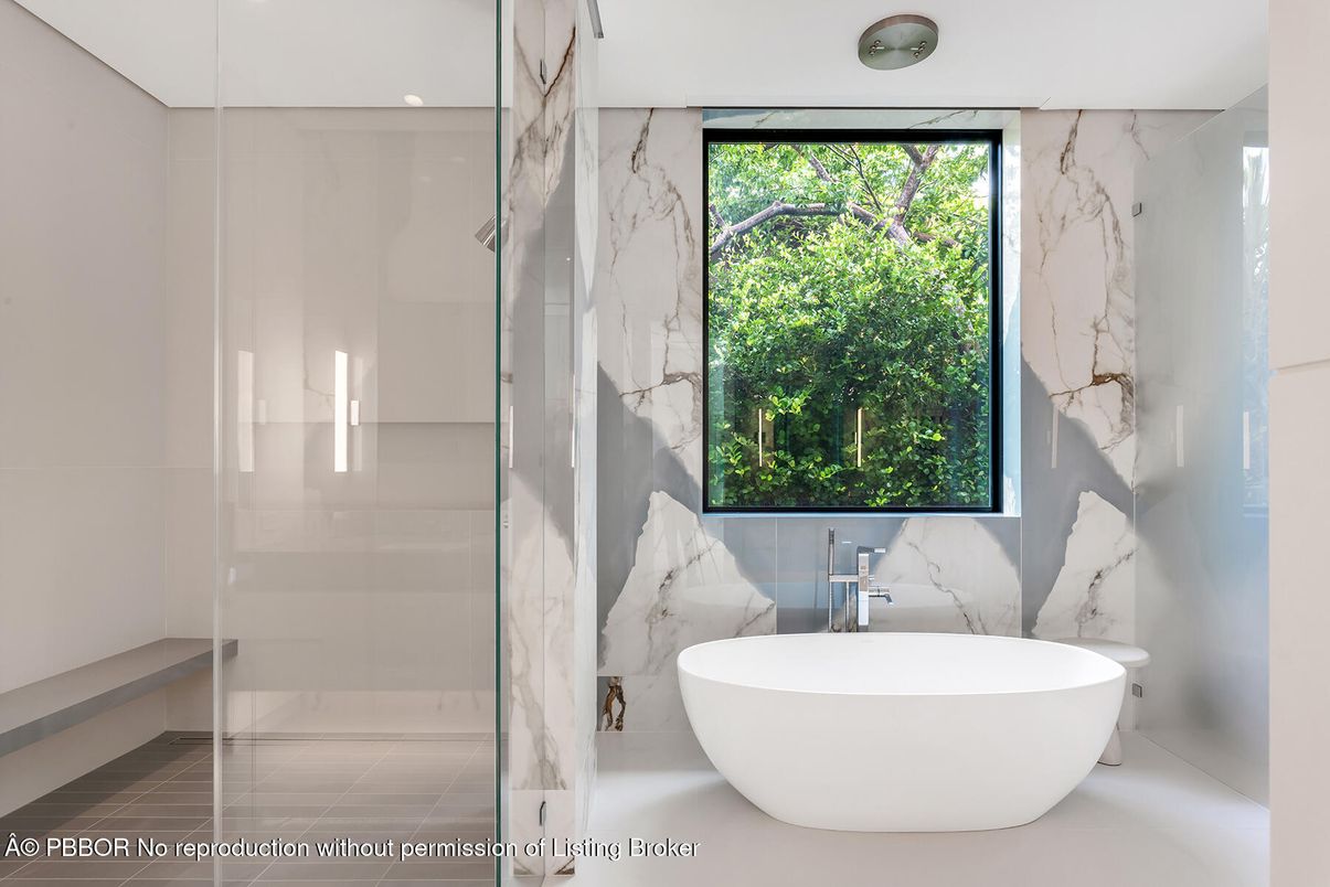 Bathroom, Free Standing Baths, Glass Shower, Interior, Marble Walls, Recessed Lighting