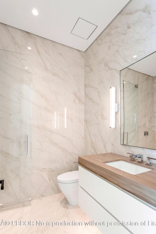 Bathroom, Glass Shower, Interior, Marble, Marble Walls, Recessed Lighting