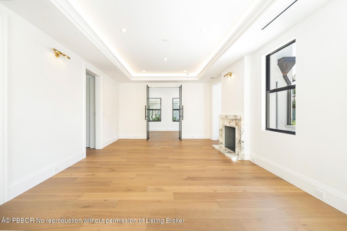 Empty room, Fireplace, Interior, Recessed Lighting, Wood Texture Flooring