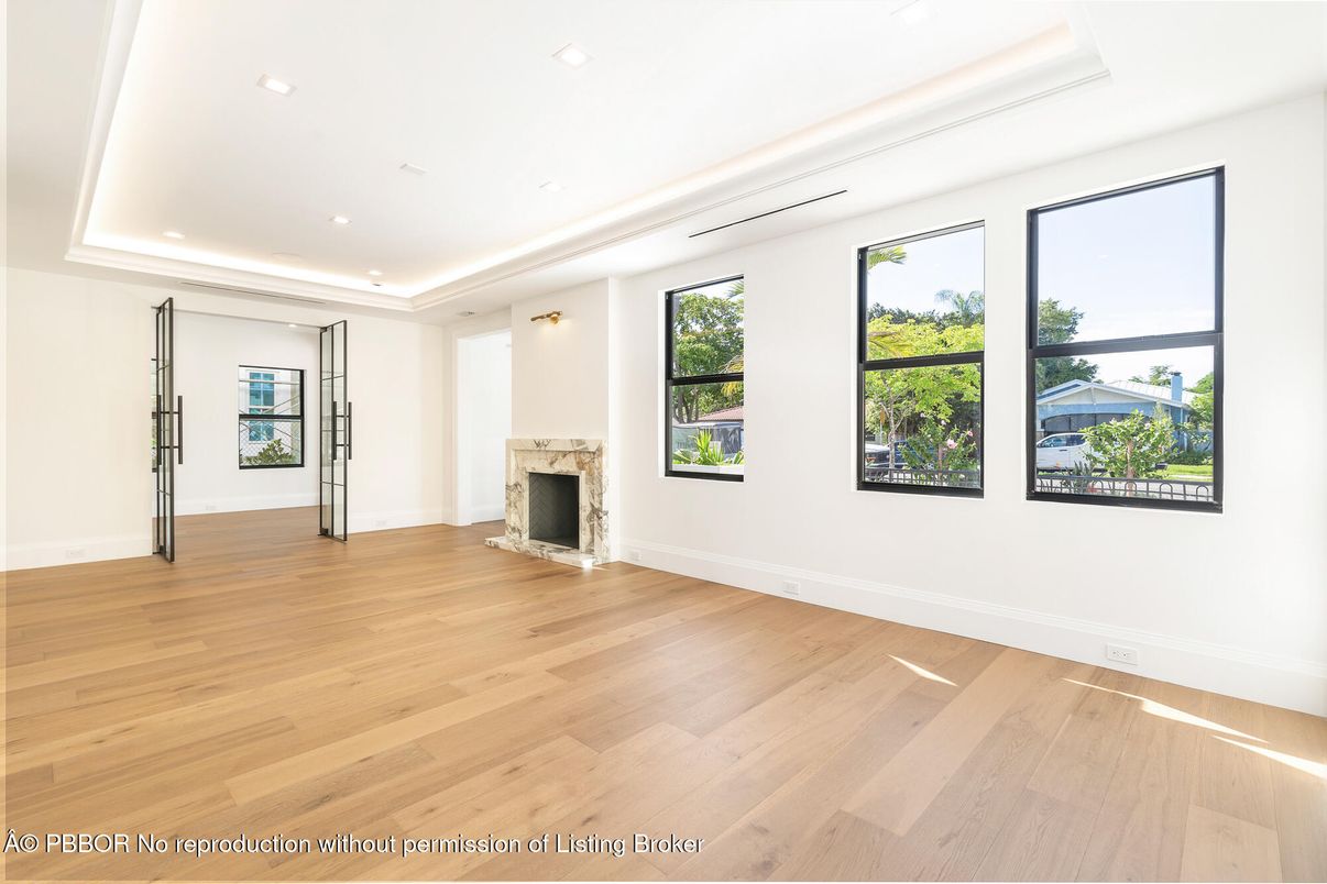 Empty room, Fireplace, Interior, Recessed Lighting, Wood Texture Flooring