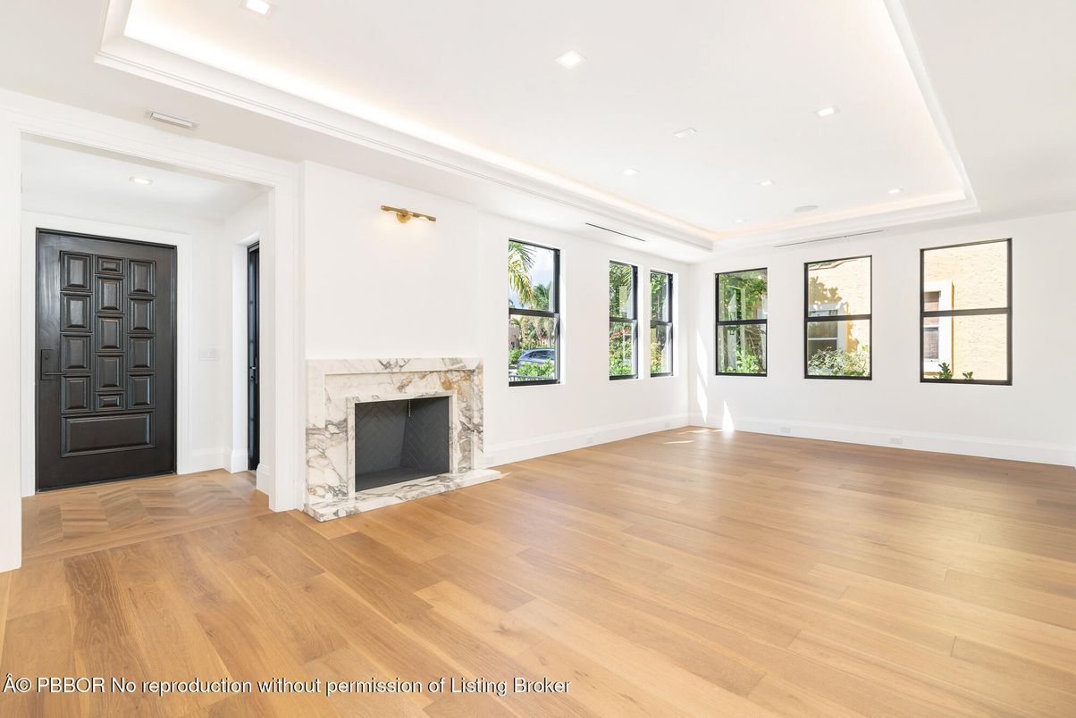 Empty room, Fireplace, Interior, Recessed Lighting, Wood Texture Flooring