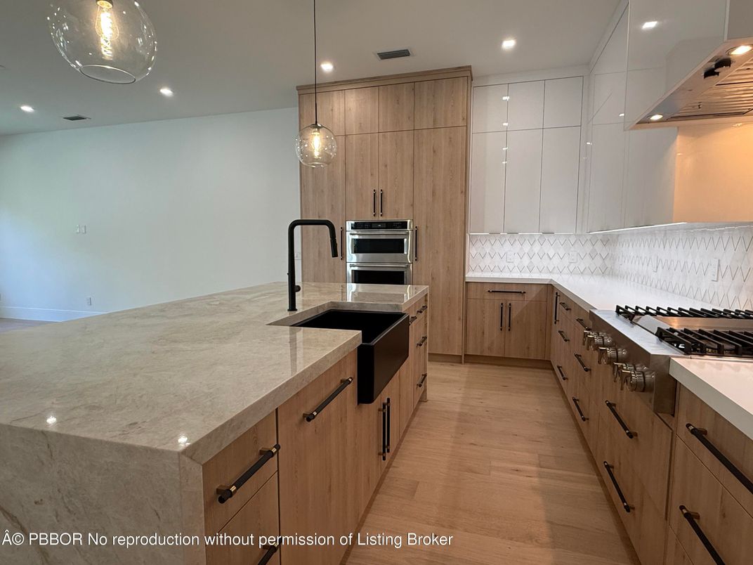 Interior, Kitchen, Pendant Lights, Recessed Lighting, Stainless Steel Appliances, Wood Texture Flooring