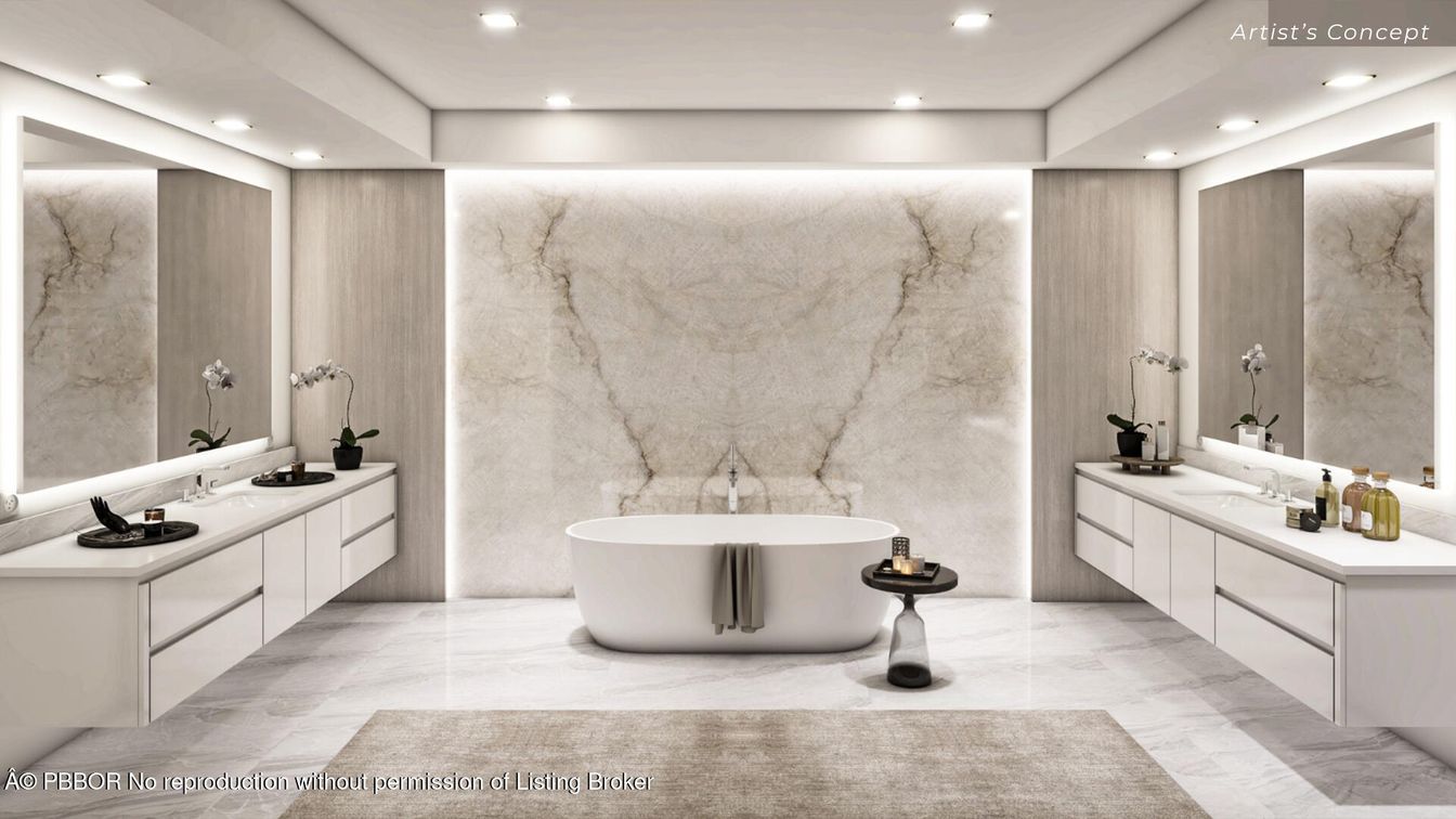 Bathroom, Dual Sink Vanities, Free Standing Baths, Interior, Marble, Marble Walls, Recessed Lighting