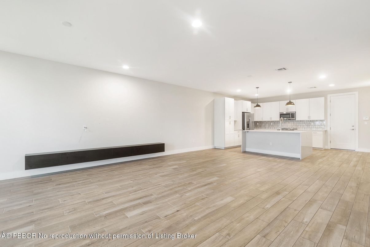 Empty room, Interior, Kitchen, Pendant Lights, Recessed Lighting, Wood Texture Flooring