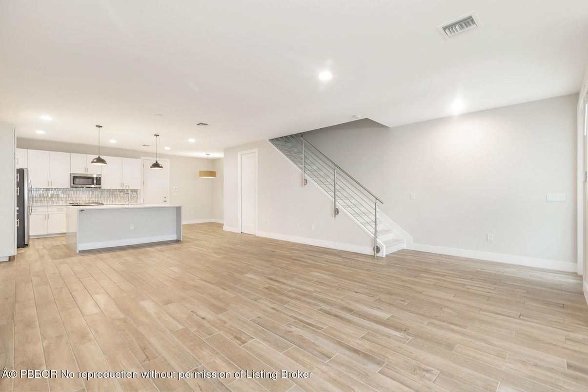 Empty room, Interior, Kitchen, Pendant Lights, Recessed Lighting, Wood Texture Flooring