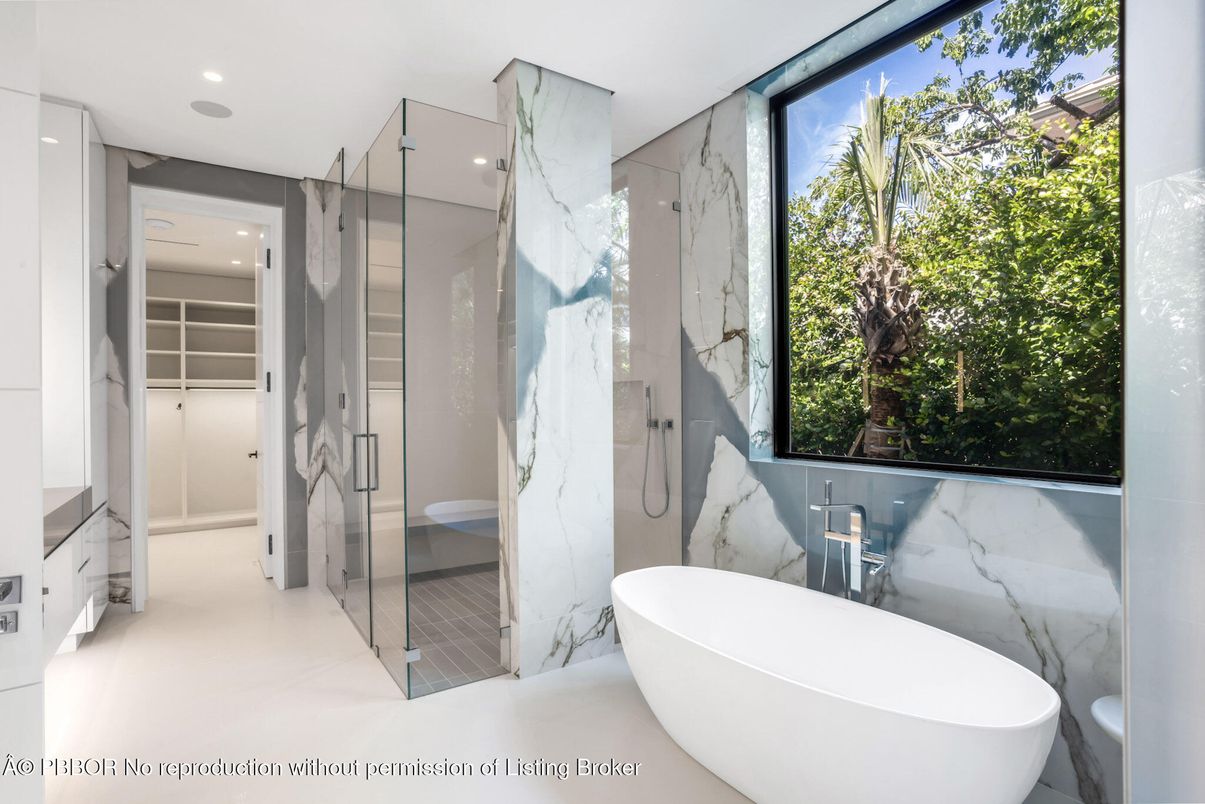 Bathroom, Free Standing Baths, Glass Shower, Interior, Marble Walls, Recessed Lighting