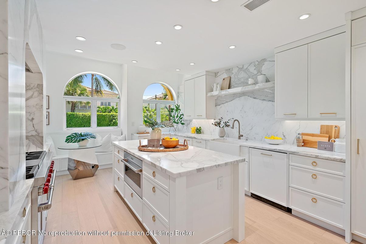 Interior, Kitchen, Marble Walls, Recessed Lighting, Wood Texture Flooring