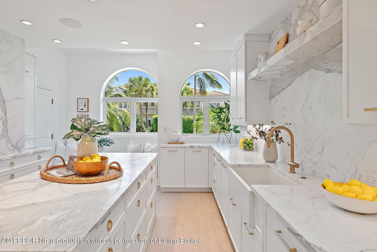 Interior, Kitchen, Marble Walls, Recessed Lighting, Wood Texture Flooring