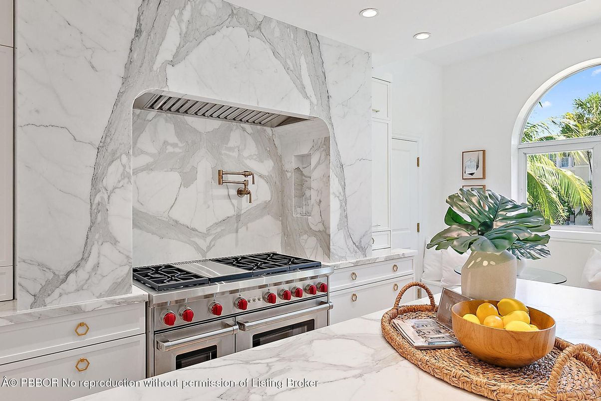 Interior, Kitchen, Marble Walls, Recessed Lighting, Stainless Steel Appliances