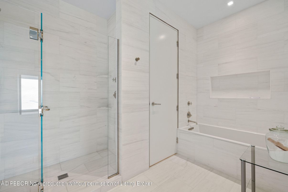 Bathroom, Glass Shower, Interior, Marble Walls, Recessed Lighting