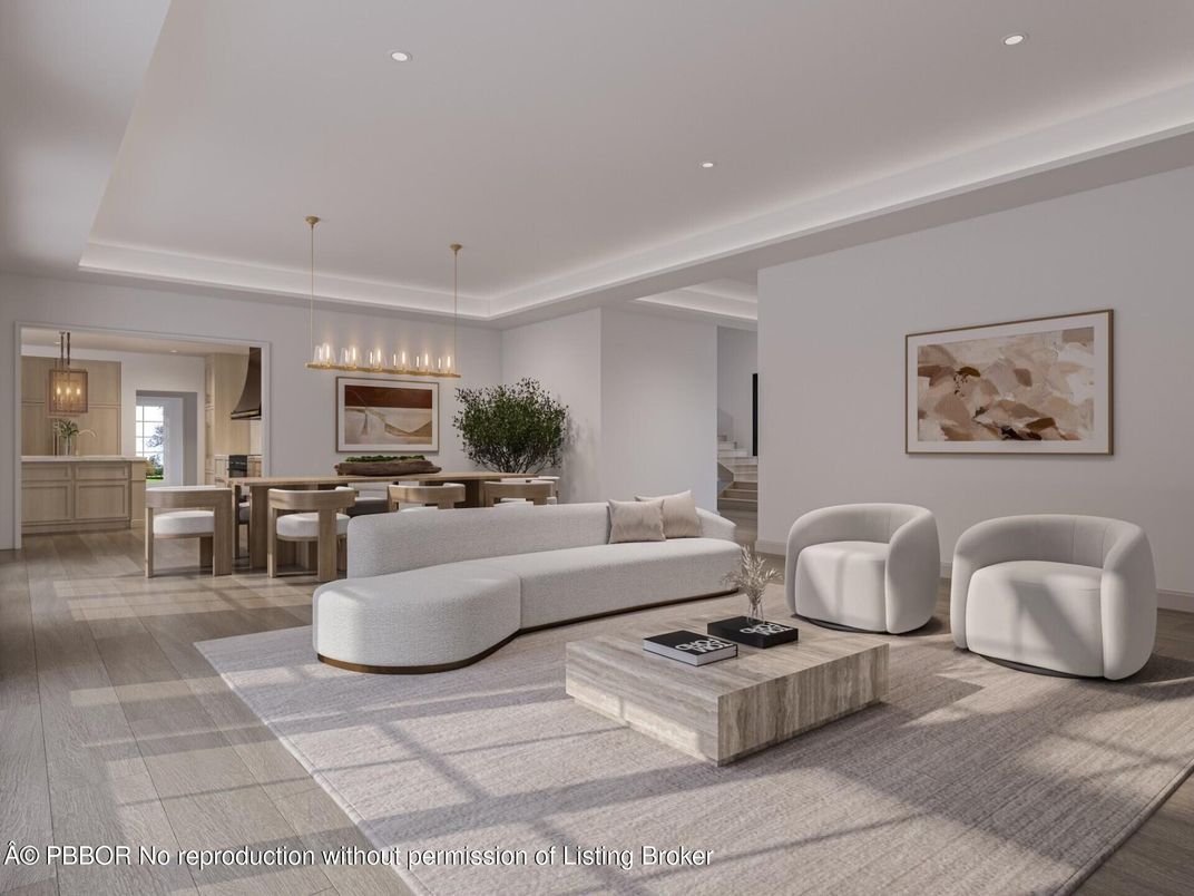 Dining room, Interior, Living room, Pendant Lights, Recessed Lighting, Wood Texture Flooring