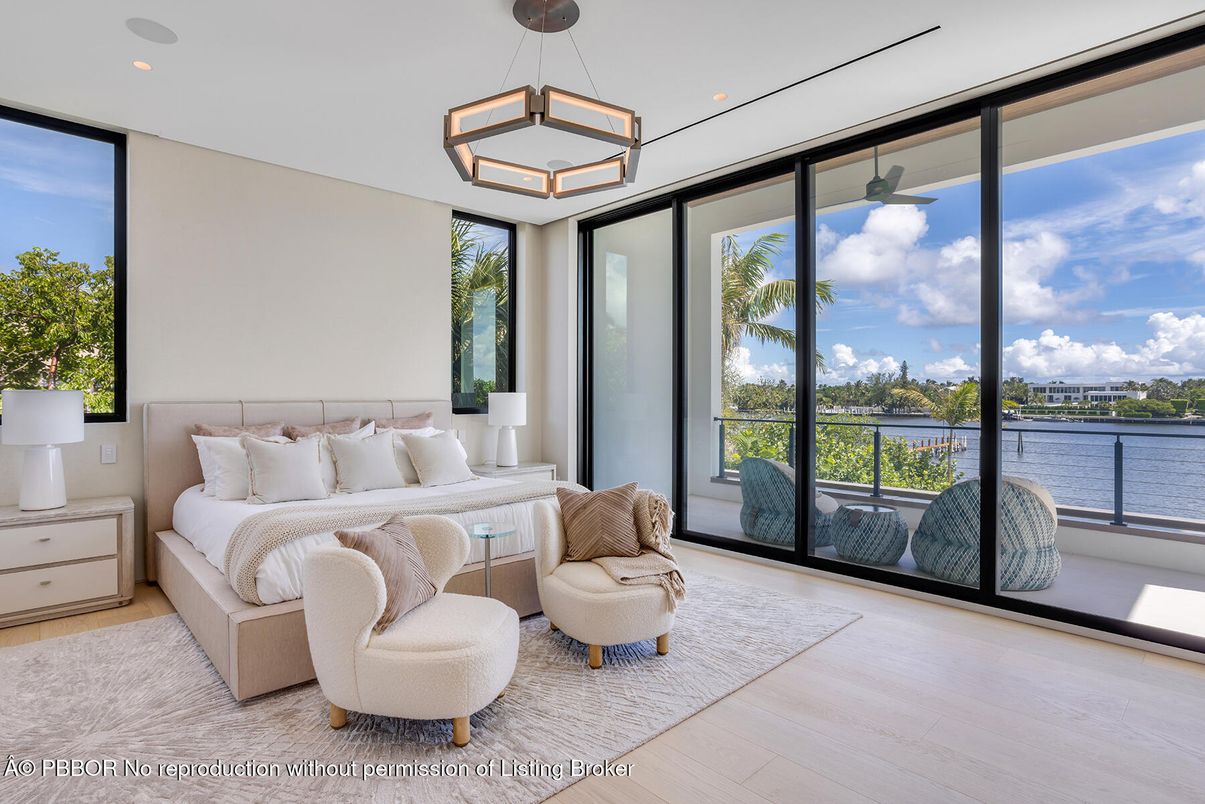 Bedroom, Interior, Pendant Lights, Recessed Lighting, Water, Wood Texture Flooring