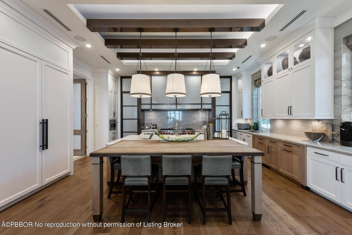 Interior, Kitchen, Pendant Lights, Recessed Lighting, Wooden Beams, Wood Texture Flooring