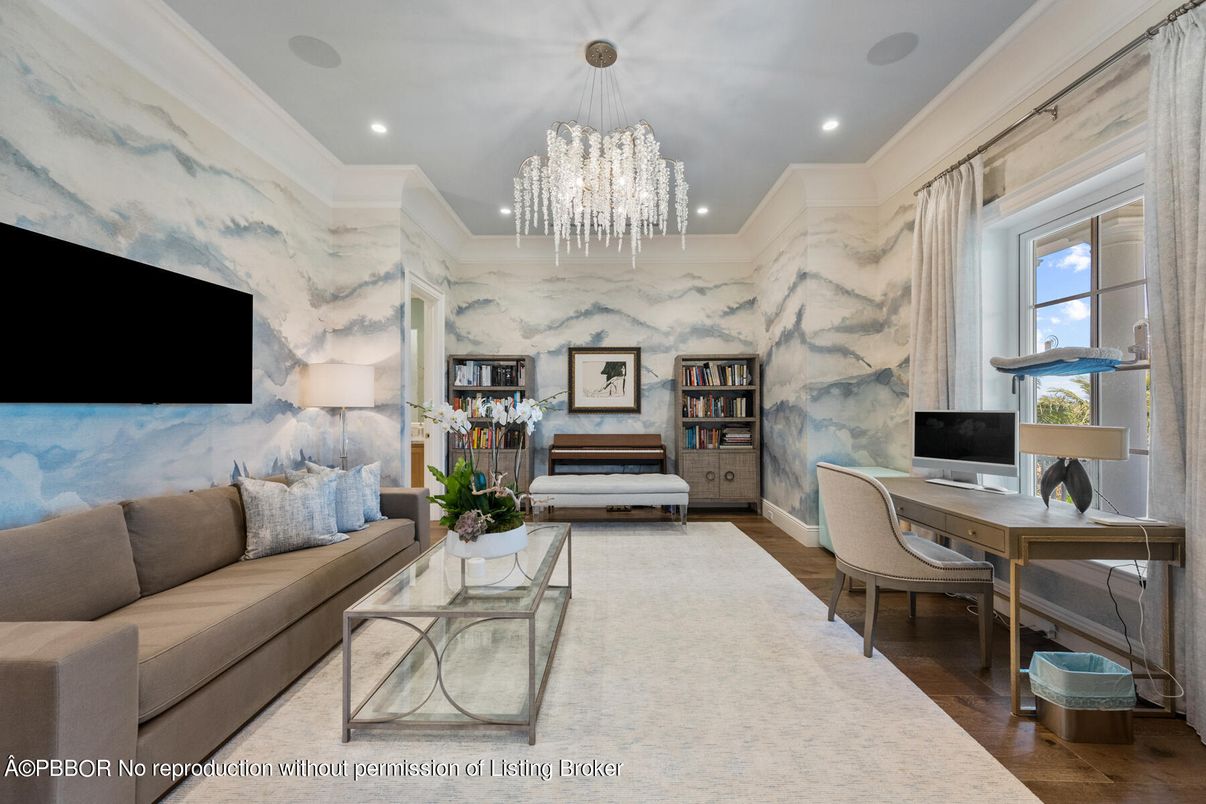 Chandelier, Home Office, Interior, Marble Walls, Recessed Lighting, Wood Texture Flooring