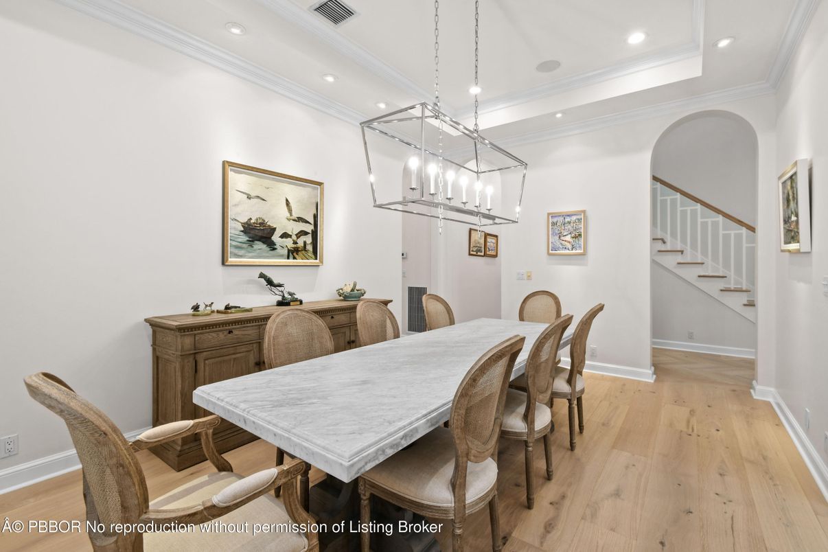 Dining room, Interior, Pendant Lights, Recessed Lighting, Wood Texture Flooring