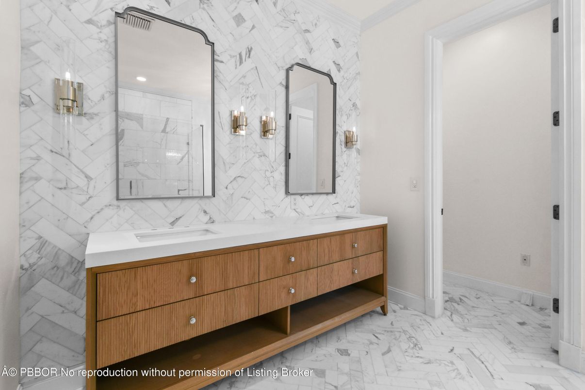 Bathroom, Dual Sink Vanities, Interior, Marble, Marble Walls, Recessed Lighting