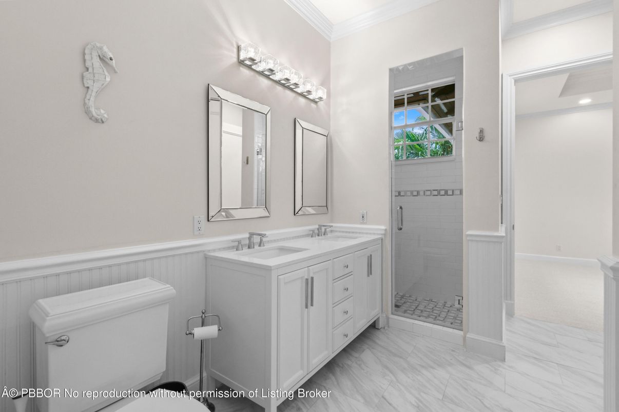 Bathroom, Dual Sink Vanities, Glass Shower, Interior, Marble, Recessed Lighting