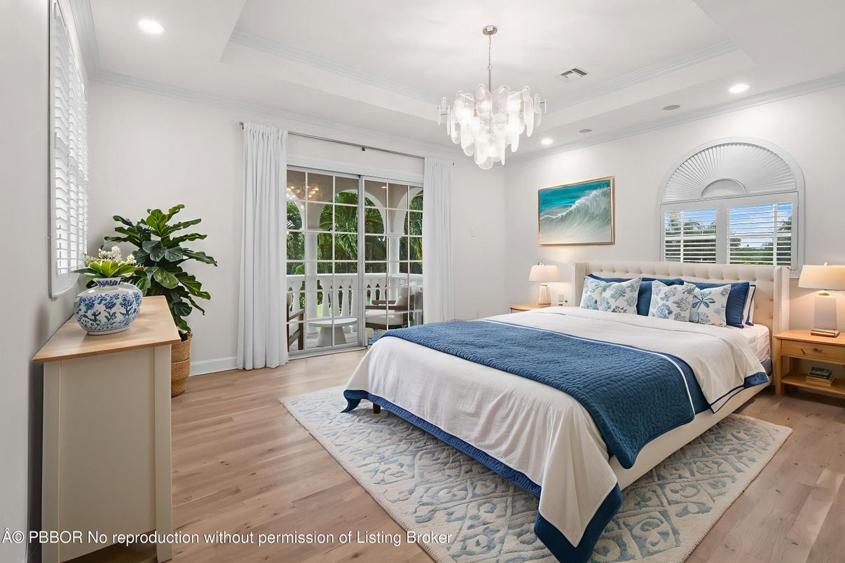 Bedroom, Chandelier, Interior, Recessed Lighting, Wood Texture Flooring
