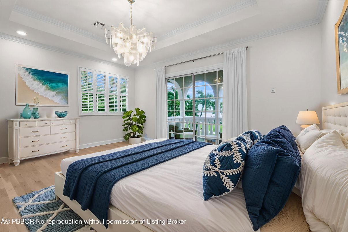 Bedroom, Chandelier, Interior, Recessed Lighting, Wood Texture Flooring