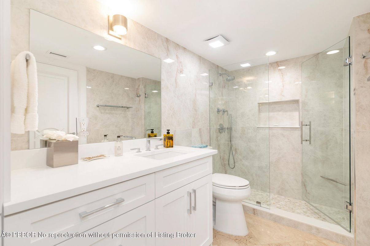 Bathroom, Glass Shower, Interior, Marble Walls, Recessed Lighting