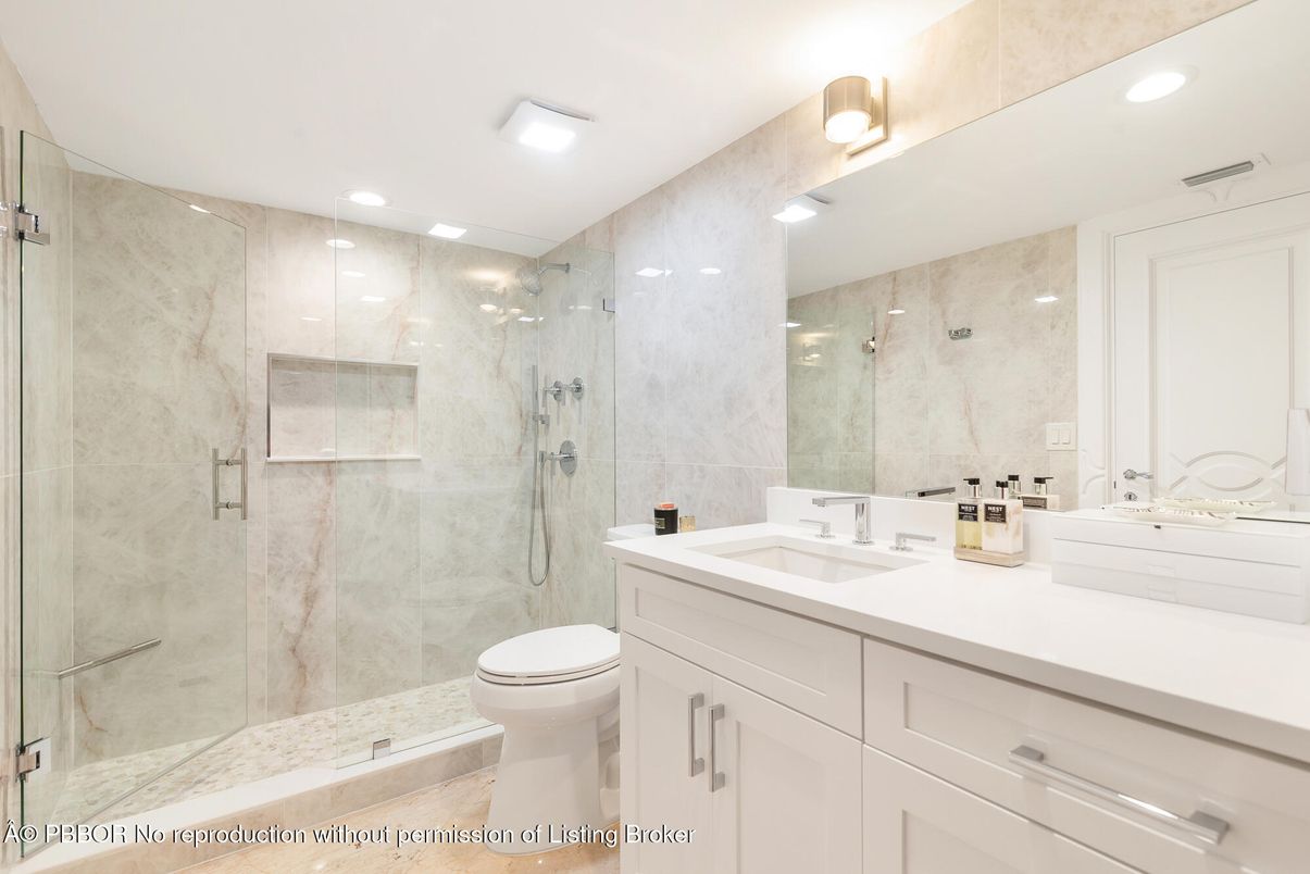 Bathroom, Glass Shower, Interior, Marble Walls, Recessed Lighting