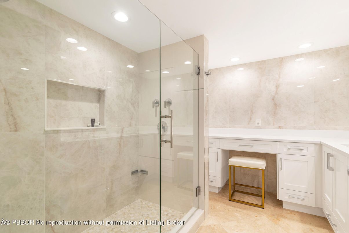 Bathroom, Glass Shower, Interior, Marble Walls, Recessed Lighting