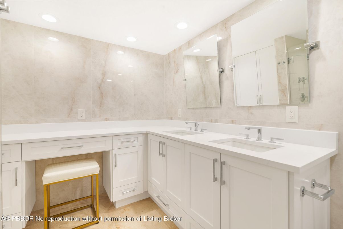 Bathroom, Dual Sink Vanities, Interior, Marble Walls, Recessed Lighting