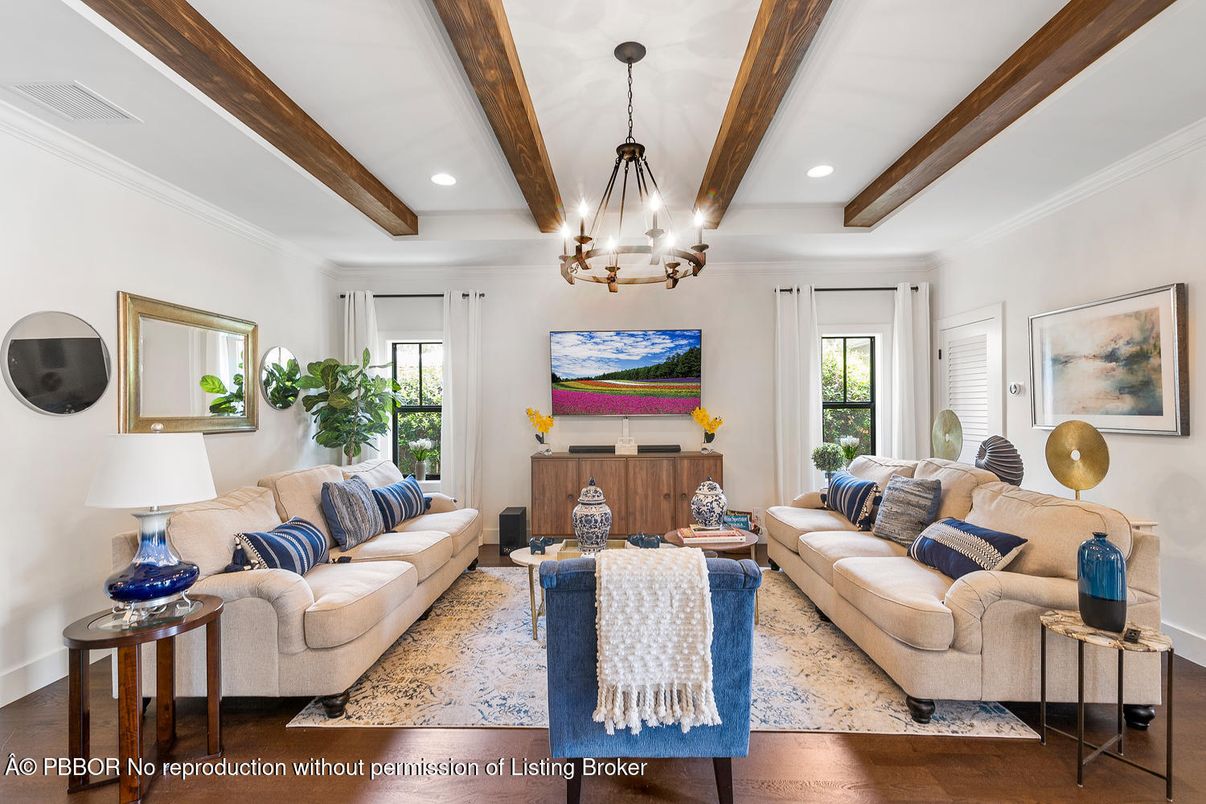 Chandelier, Interior, Living room, Recessed Lighting, Wooden Beams, Wood Texture Flooring