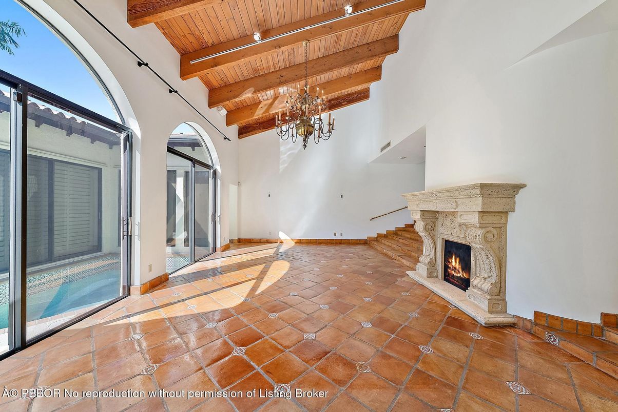 Chandelier, Empty room, Fireplace, Interior, Wooden Beams, Wooden Ceilings