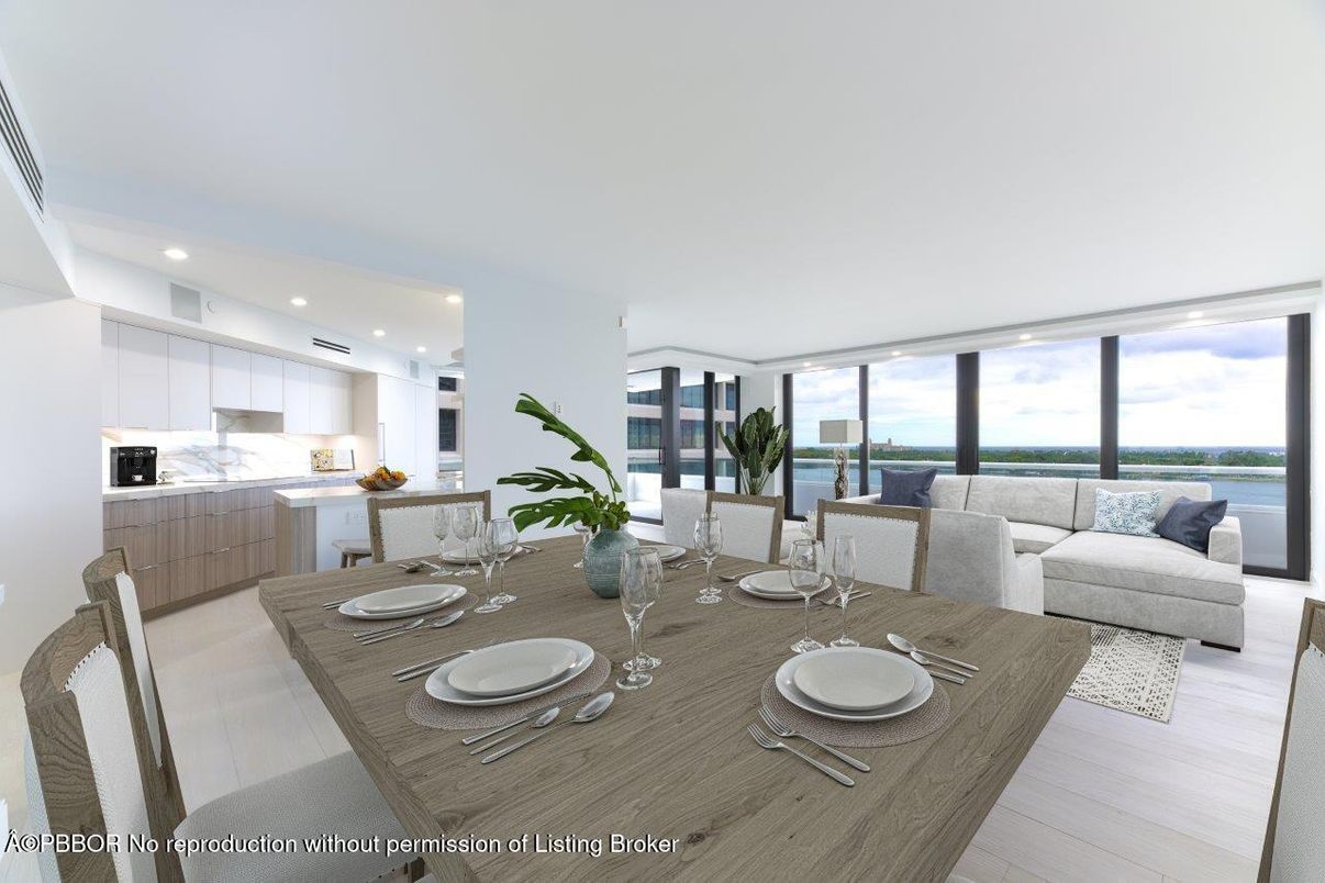 Dining room, Interior, Kitchen, Living room, Recessed Lighting, Water, Wood Texture Flooring