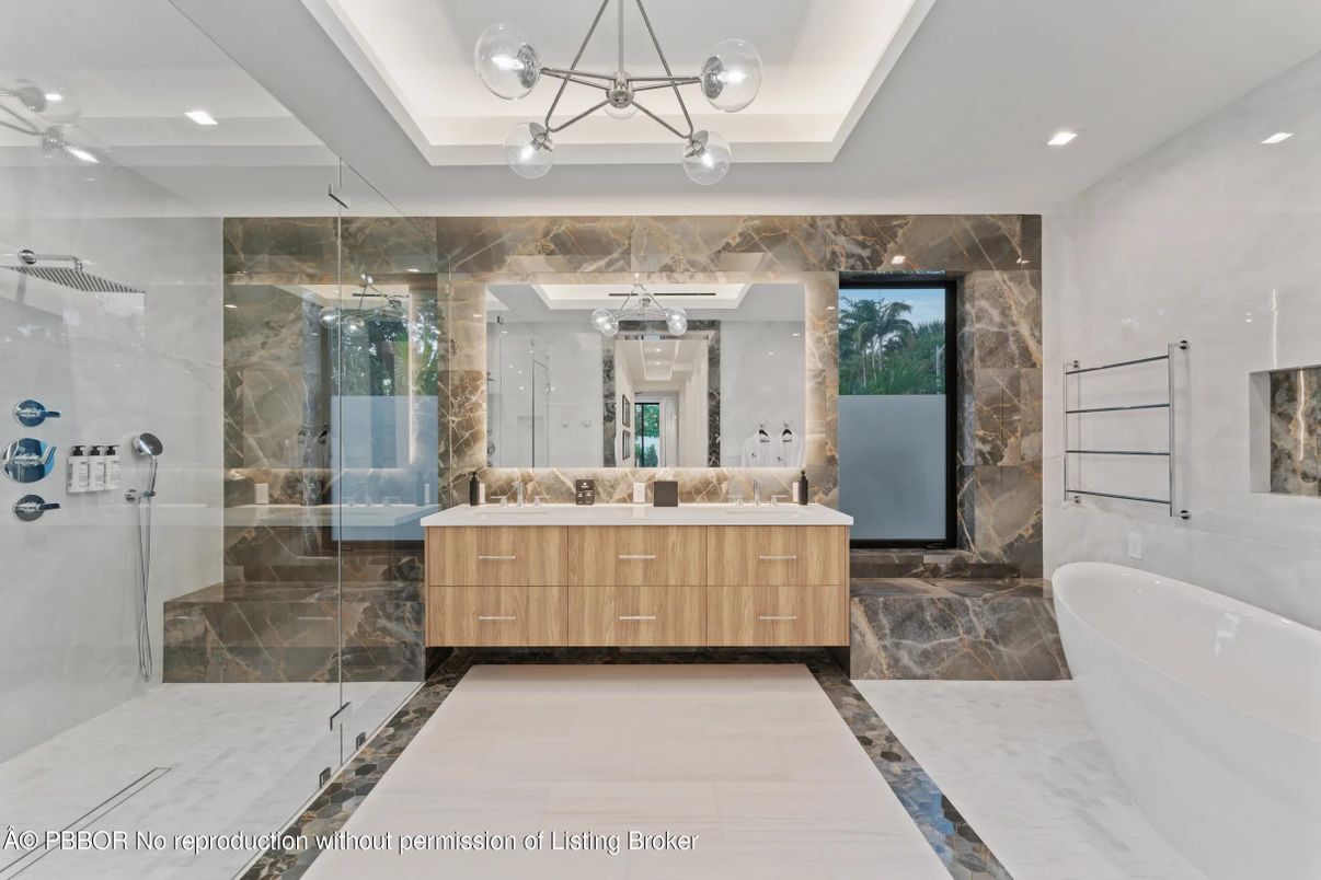 Bathroom, Dual Sink Vanities, Free Standing Baths, Glass Shower, Interior, Marble, Marble Walls, Pendant Lights, Recessed Lighting