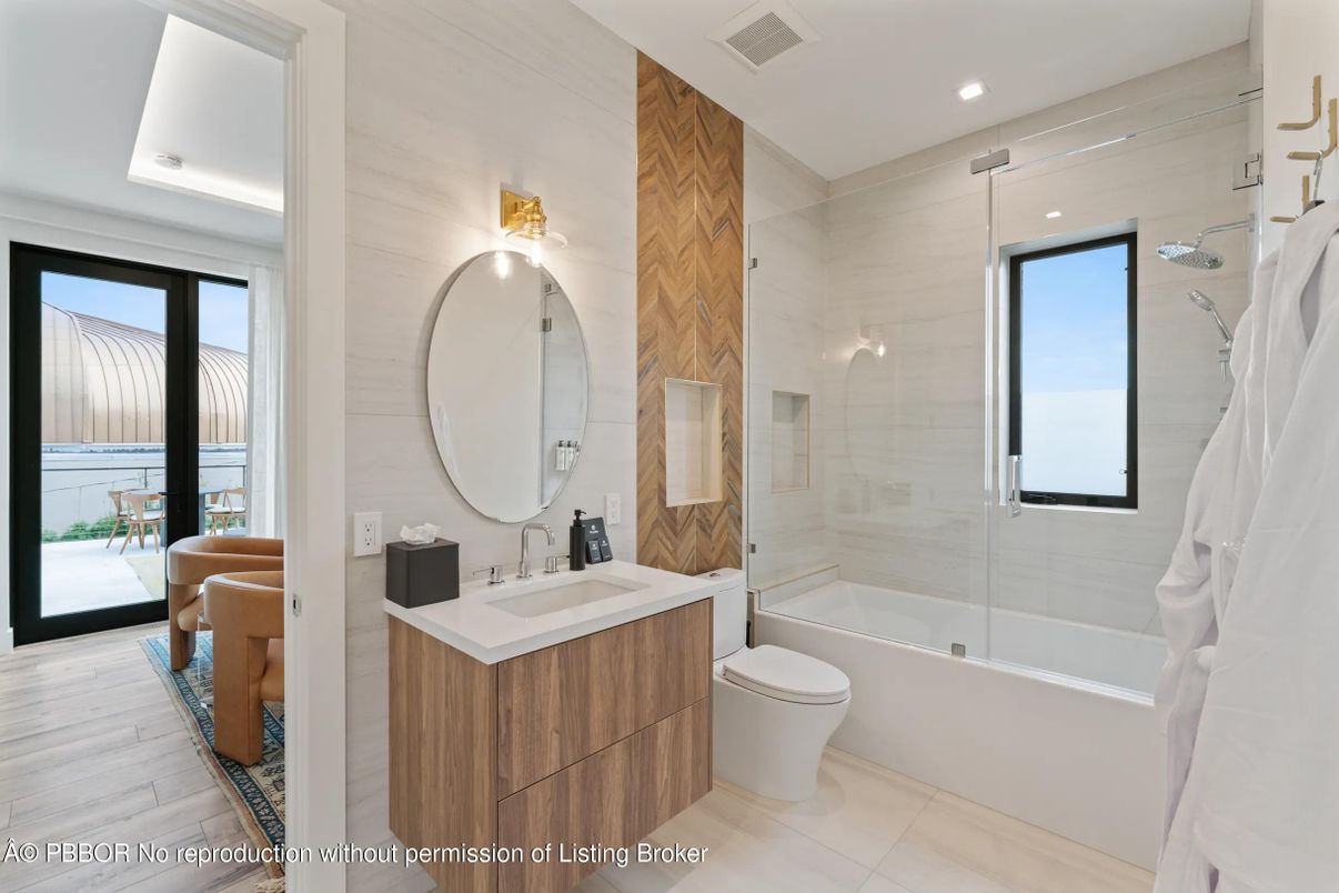Bathroom, Dual Sink Vanities, Glass Shower, Interior, Recessed Lighting, Wood Texture Flooring