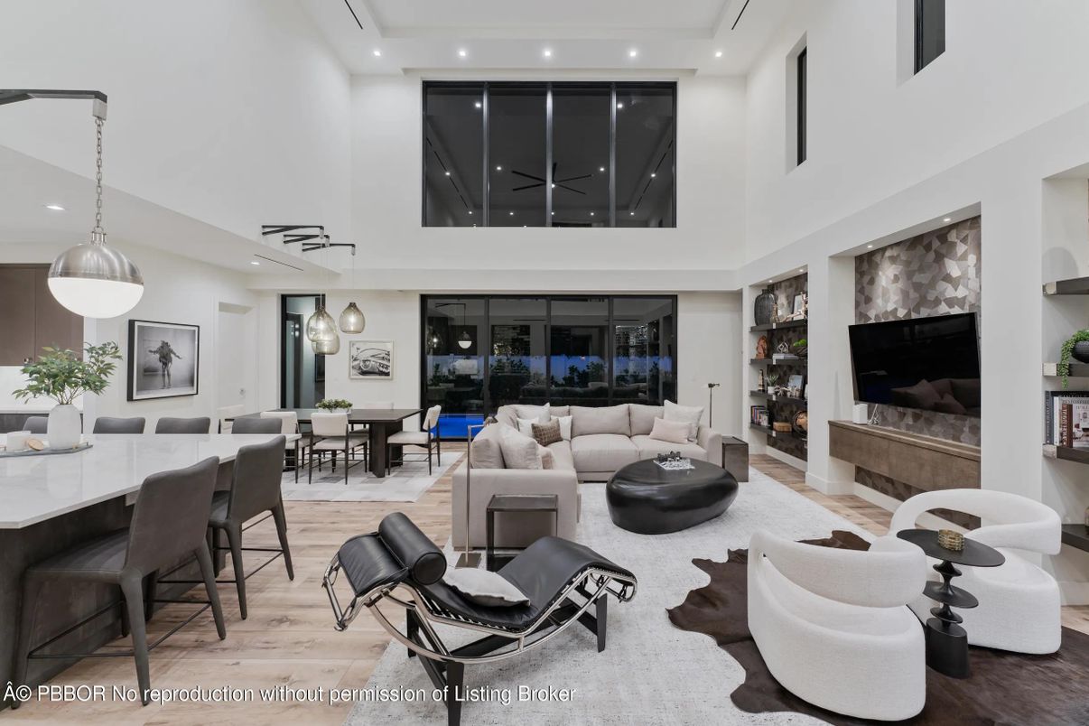 Dining room, Fireplace, Interior, Living room, Pendant Lights, Recessed Lighting, Wood Texture Flooring