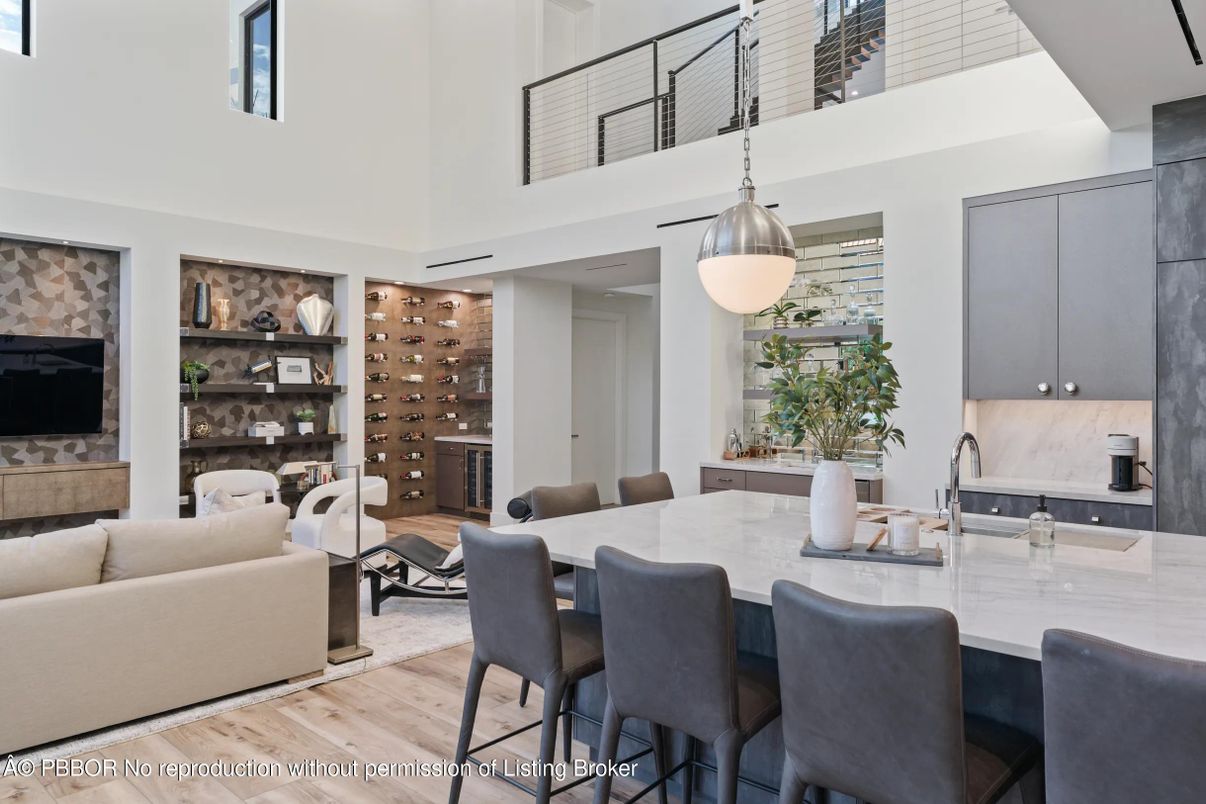 Dining room, Interior, Kitchen, Living room, Pendant Lights, Wood Texture Flooring
