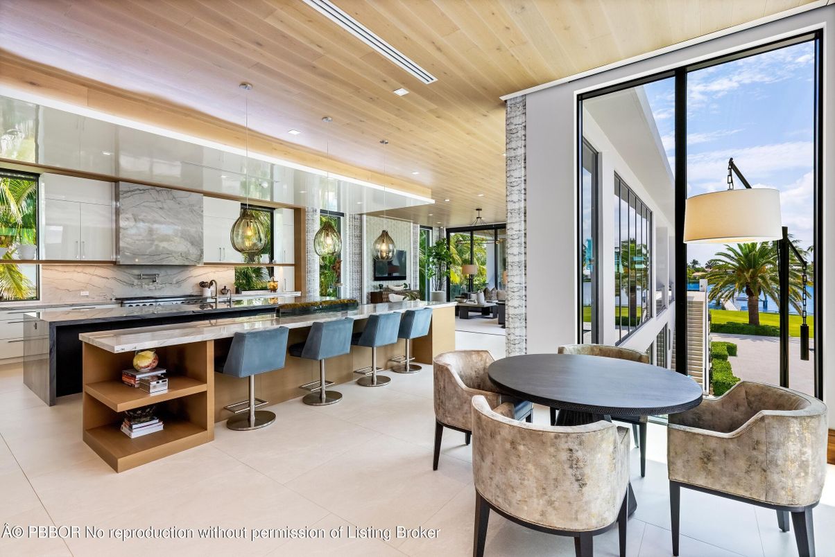 Dining room, Interior, Kitchen, Marble Walls, Pendant Lights, Recessed Lighting, Wooden Ceilings