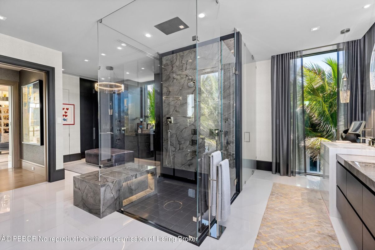 Bathroom, Glass Shower, Interior, Marble Walls, Pendant Lights, Recessed Lighting