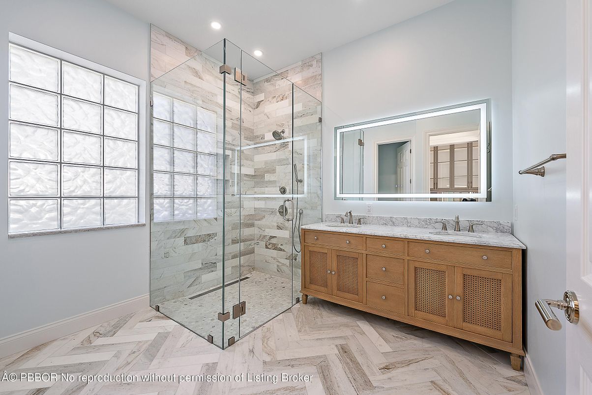 Bathroom, Dual Sink Vanities, Glass Shower, Interior, Marble, Recessed Lighting