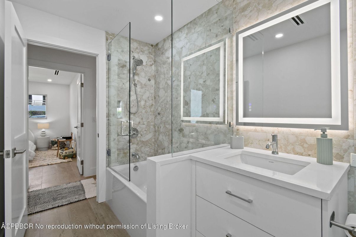 Bathroom, Glass Shower, Interior, Recessed Lighting, Wood Texture Flooring