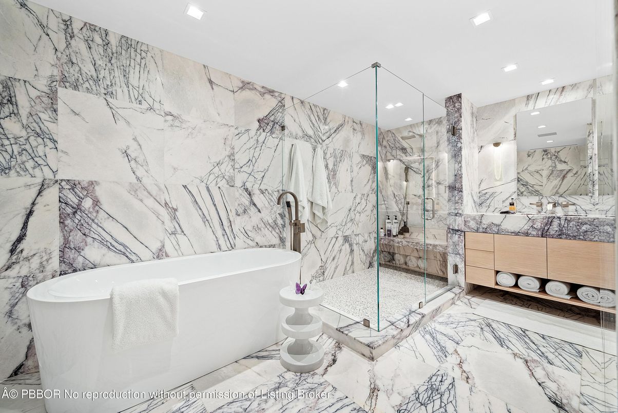 Bathroom, Free Standing Baths, Glass Shower, Interior, Marble, Marble Walls, Recessed Lighting