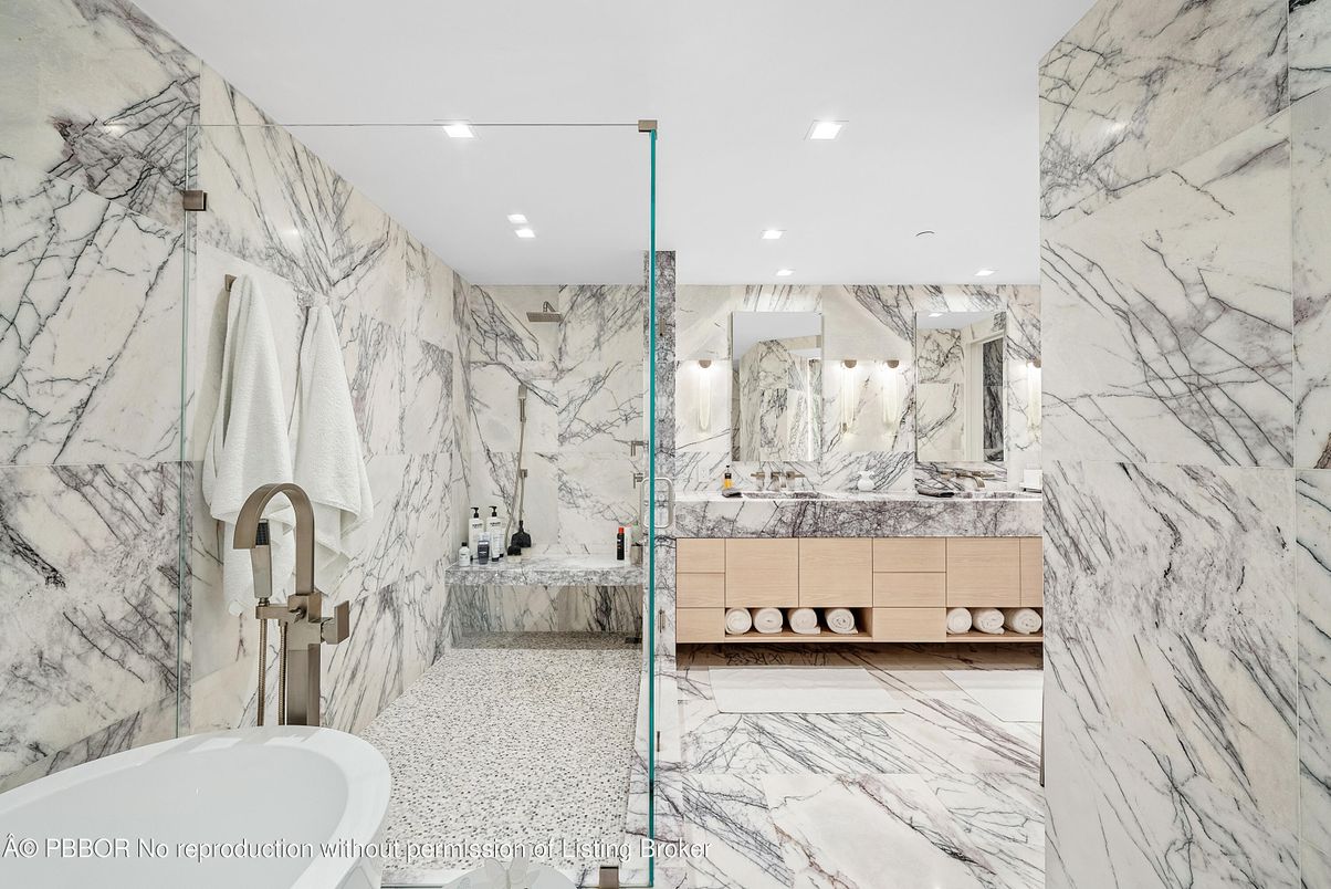 Bathroom, Dual Sink Vanities, Interior, Marble, Marble Walls, Recessed Lighting