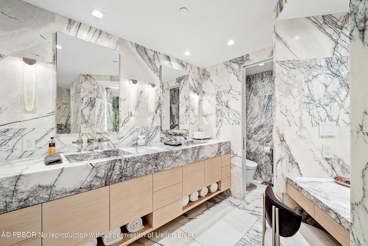 Bathroom, Dual Sink Vanities, Interior, Marble Walls, Recessed Lighting
