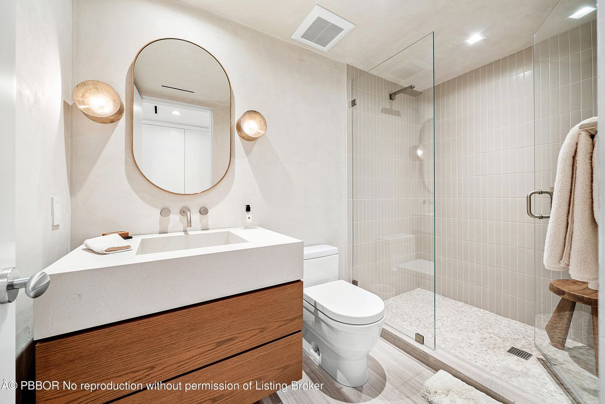 Bathroom, Glass Shower, Interior, Recessed Lighting, Wood Texture Flooring