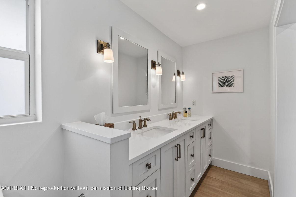 Bathroom, Dual Sink Vanities, Interior, Recessed Lighting, Wood Texture Flooring