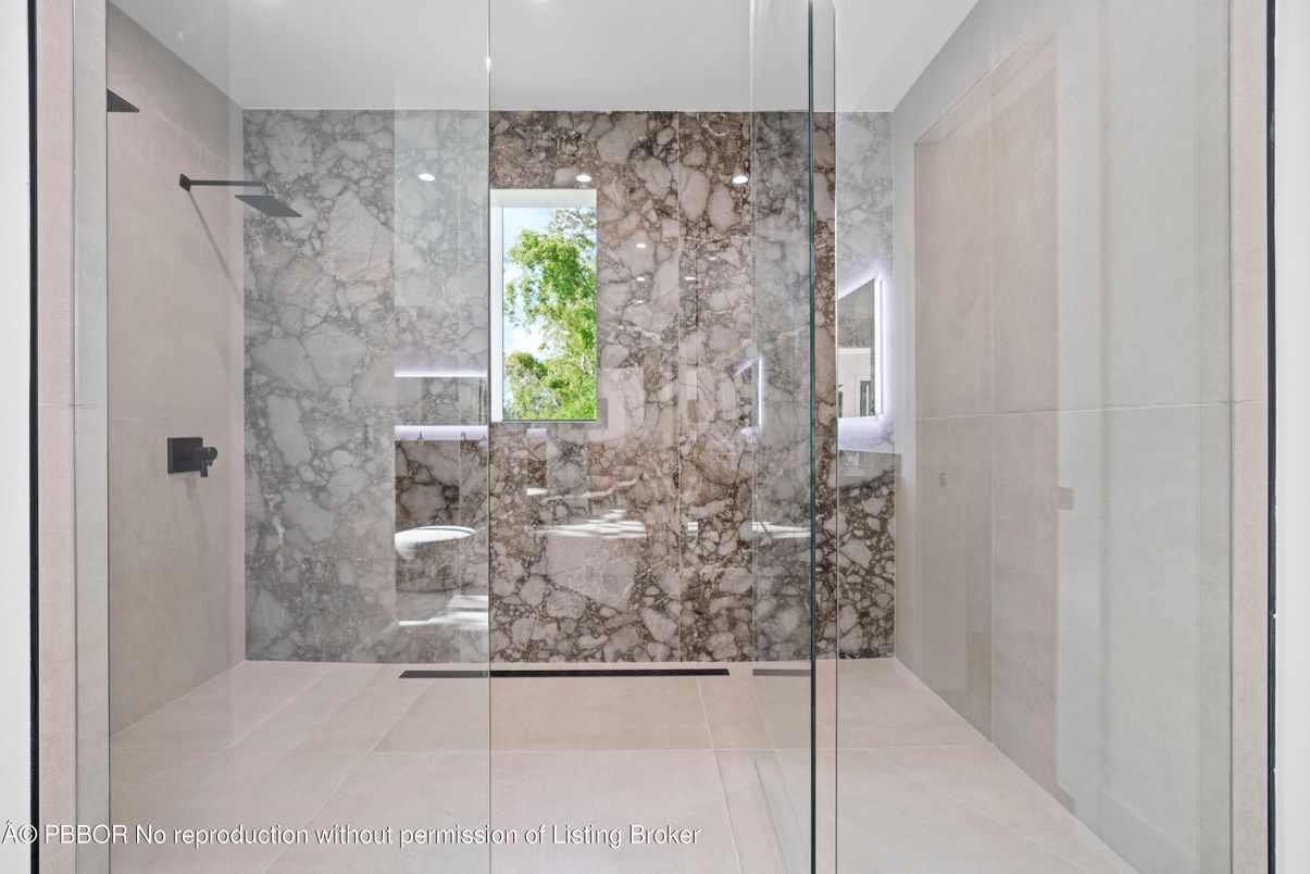 Bathroom, Glass Shower, Interior, Marble Walls, Recessed Lighting
