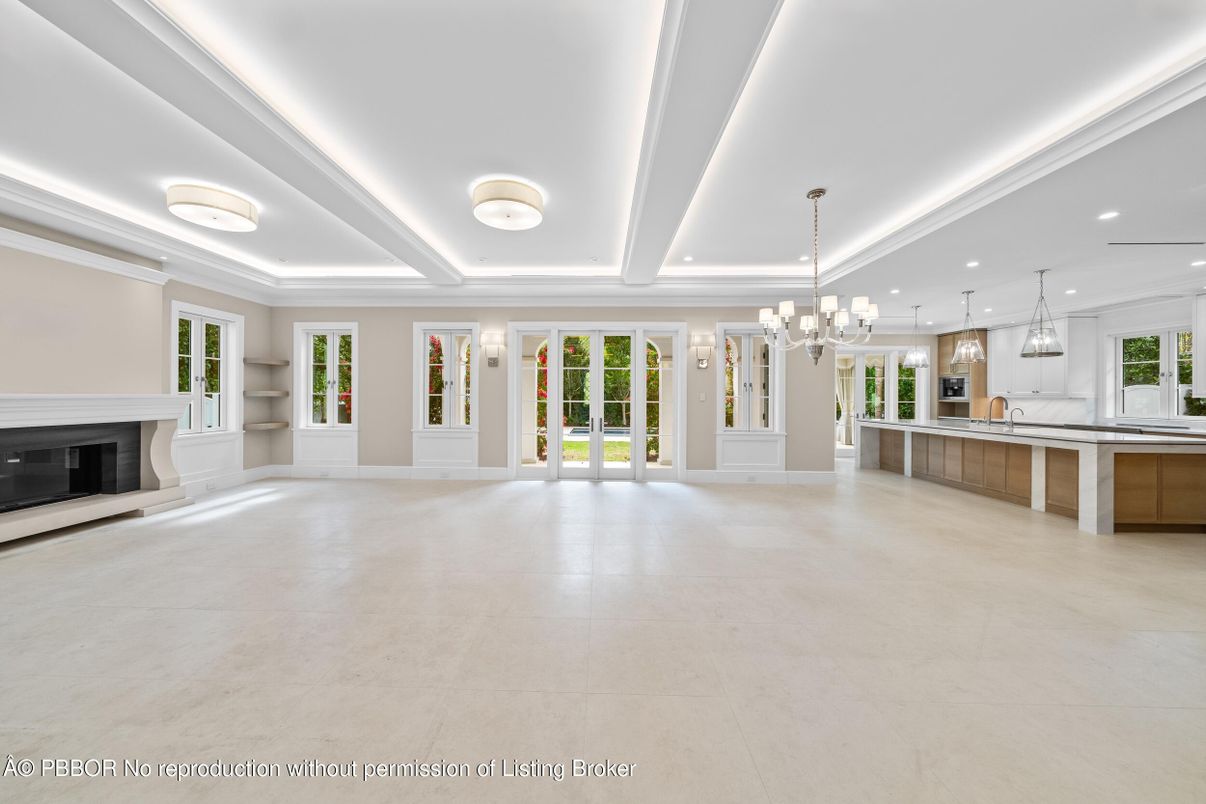Chandelier, Empty room, Fireplace, Interior, Kitchen, Pendant Lights, Recessed Lighting